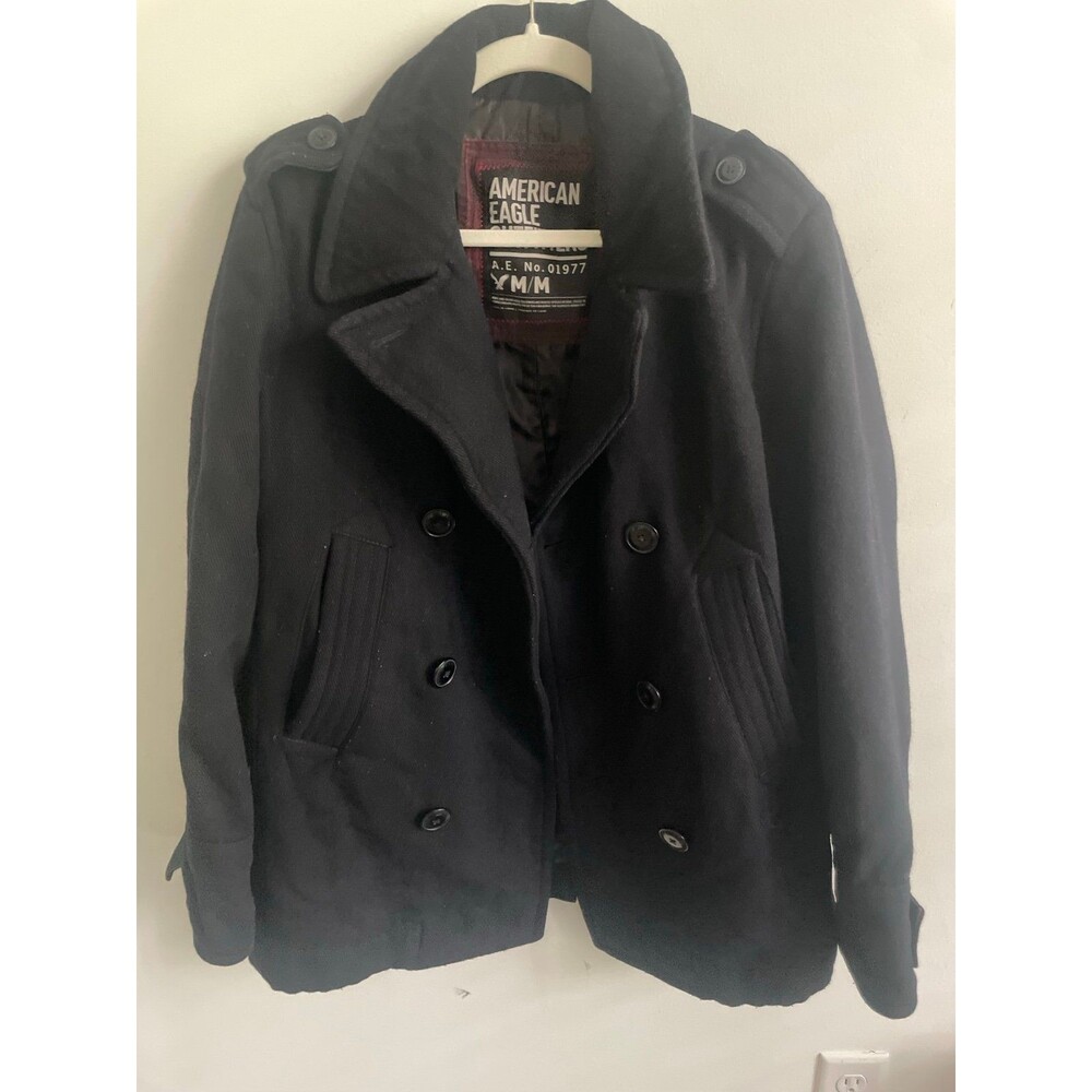 American Eagle Outfitters Men's Black Wool Blend Pea Coat M Lined Pockets
